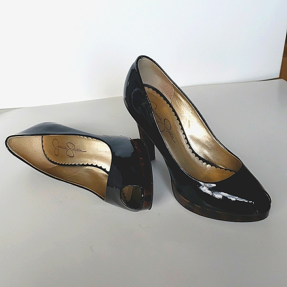 Jessica Simpson peep toe pumps black with tortoise heels and base, size 7 - Picture 3 of 9